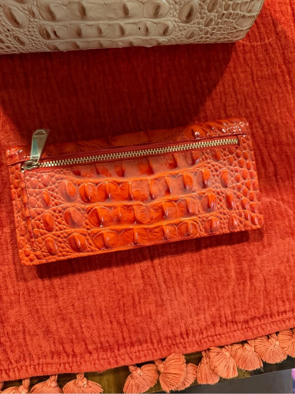 Brahmin Orange and Cream Croc-Embossed Leather Purse and Wallet Set